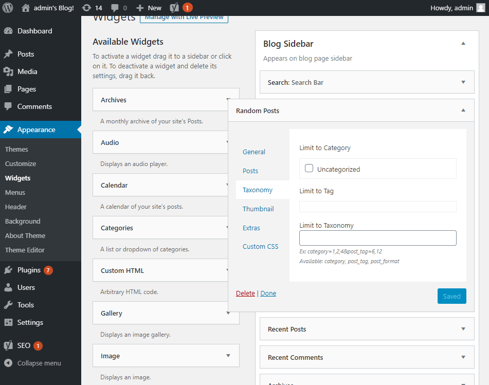 Random posts widget options - Taxonomy section