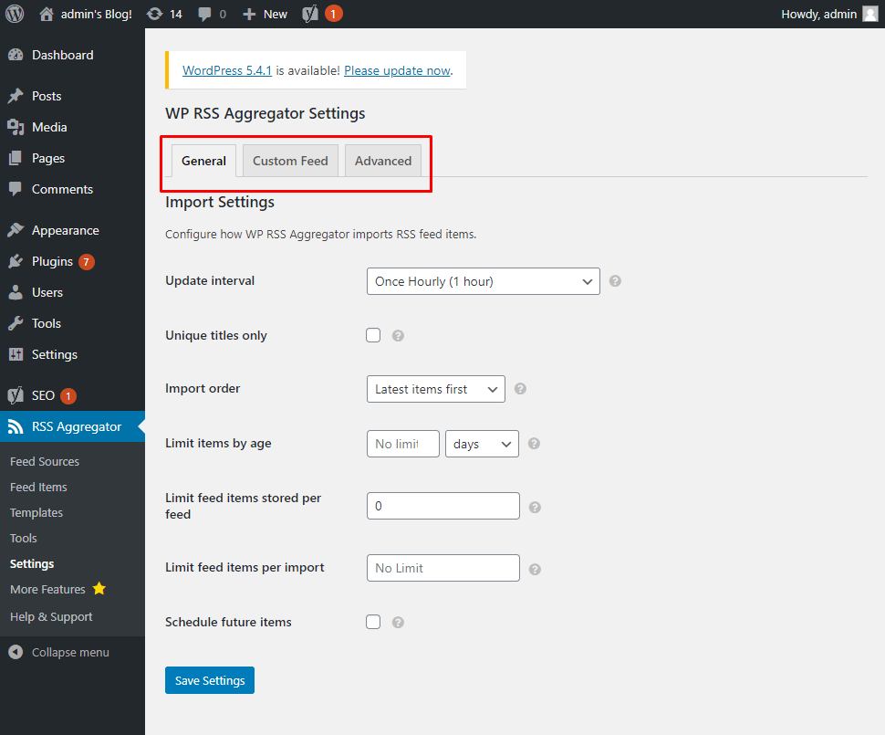 WP RSS Aggregator settings