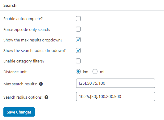 Search settings - WP Store Locator plugin